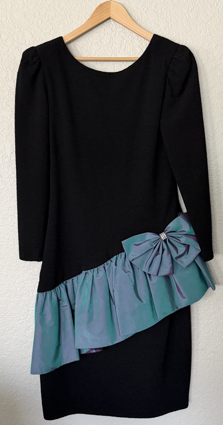 Vtg 1980s Darcy Union Made Hi-Low Dress Black Metallic Bow Formal M 11/12