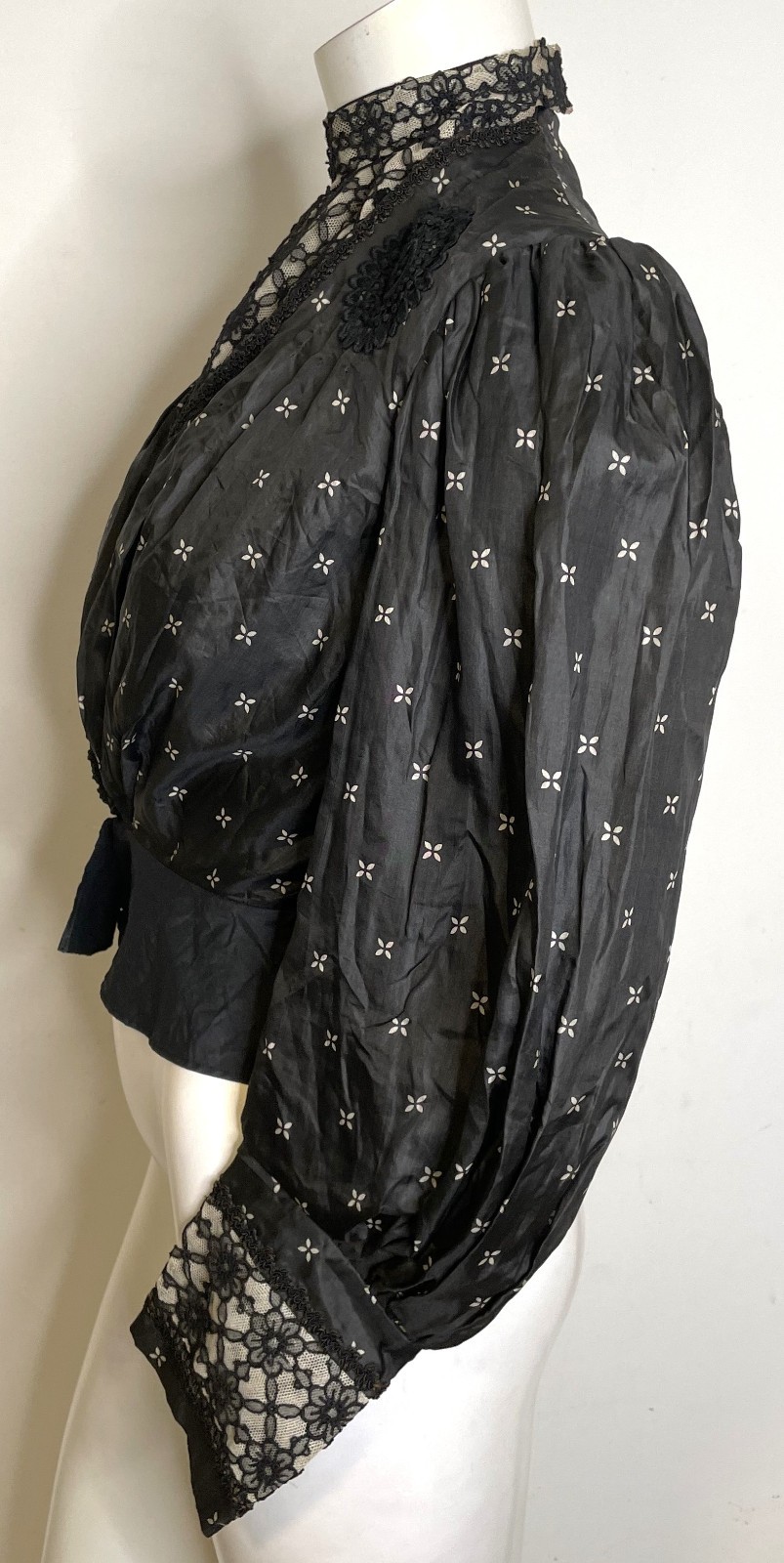 Antique Victorian Black Silk Top Blouse S Bodice Bishop Sleeves Lace Trim Peplum
