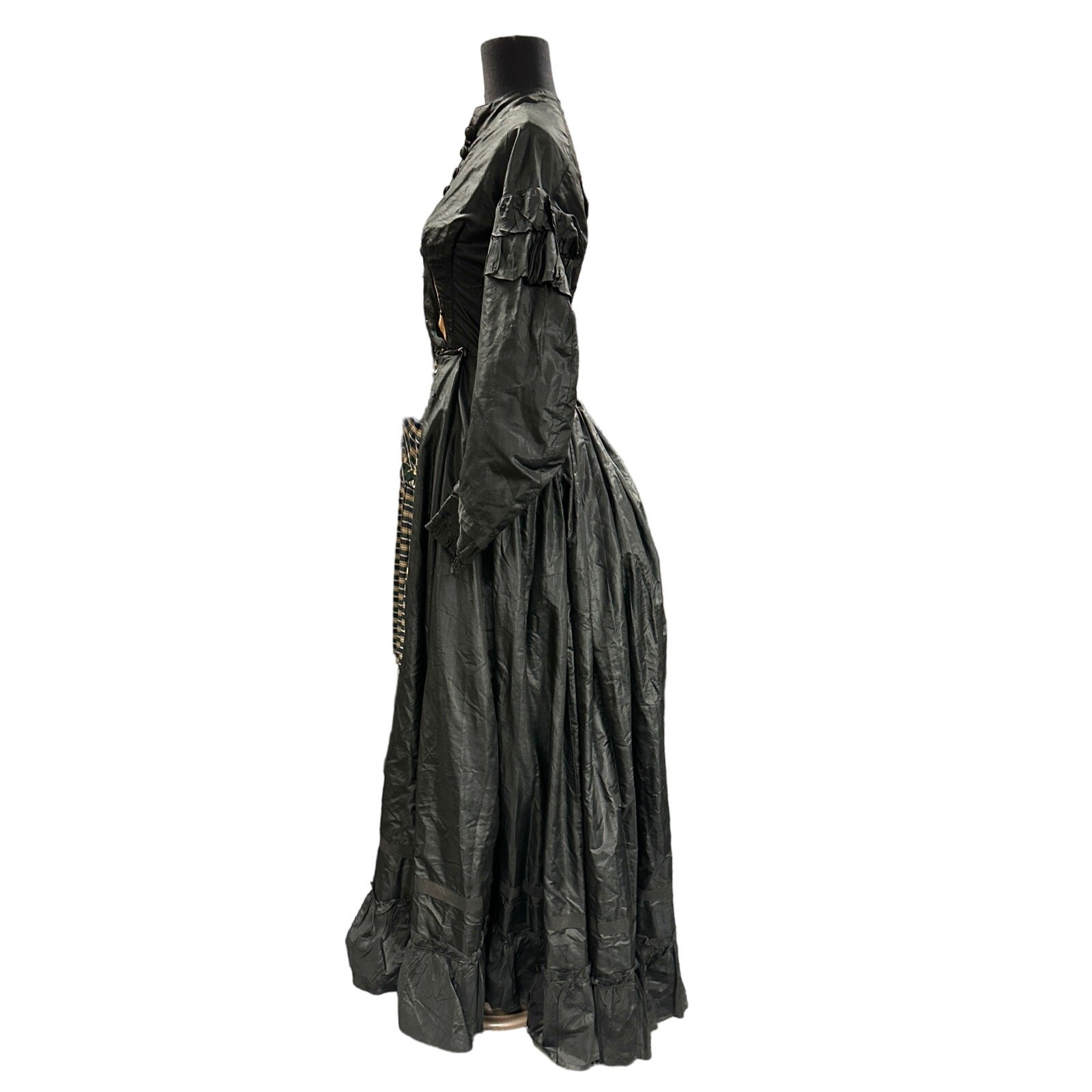 Antique 1860s 70s Civil War Era Black Silk Bustle Gown Dress Full Skirt 22” Wais