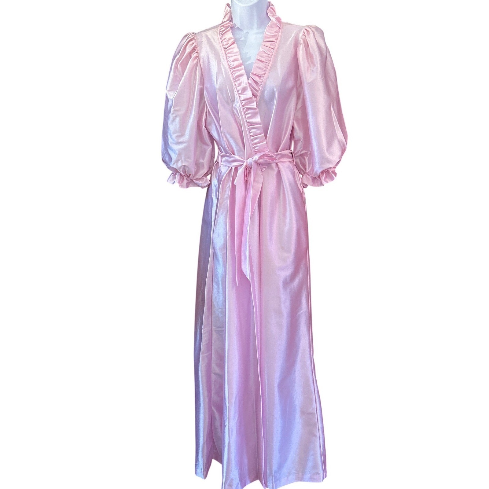 80s Miss Elaine Pink Satin Wrap Robe Hollywood Regency Coquette Glamour