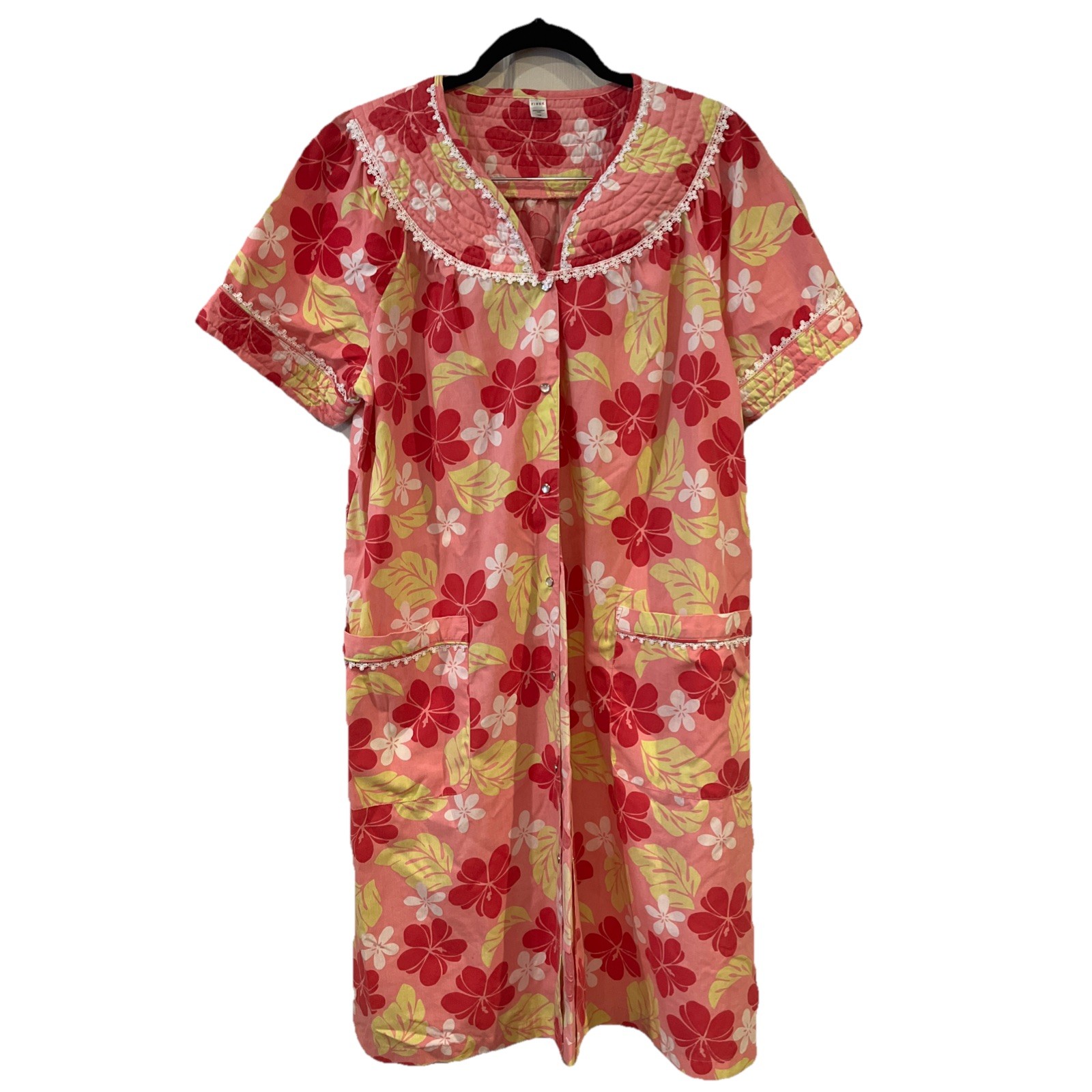Vintage Pink K Floral house dress or duster robe Sz L Cotton Blend snap front