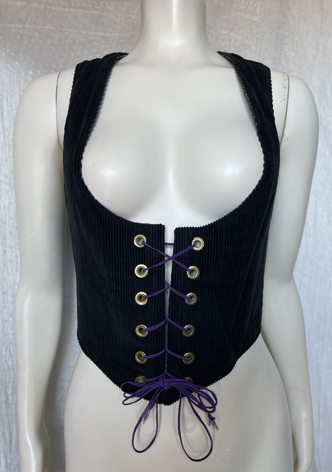 Vintage 70s Corset Vest Underbust Waistcoat Handmade Reversible Goth Festival S