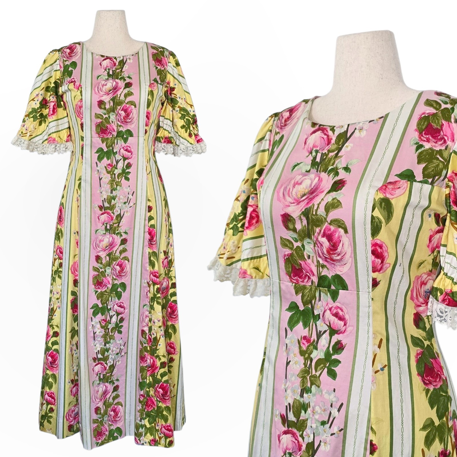 1960s Vintage Dress 60s Floral Maxi Small Medium Pink Yellow Stripes Peonies Vtg