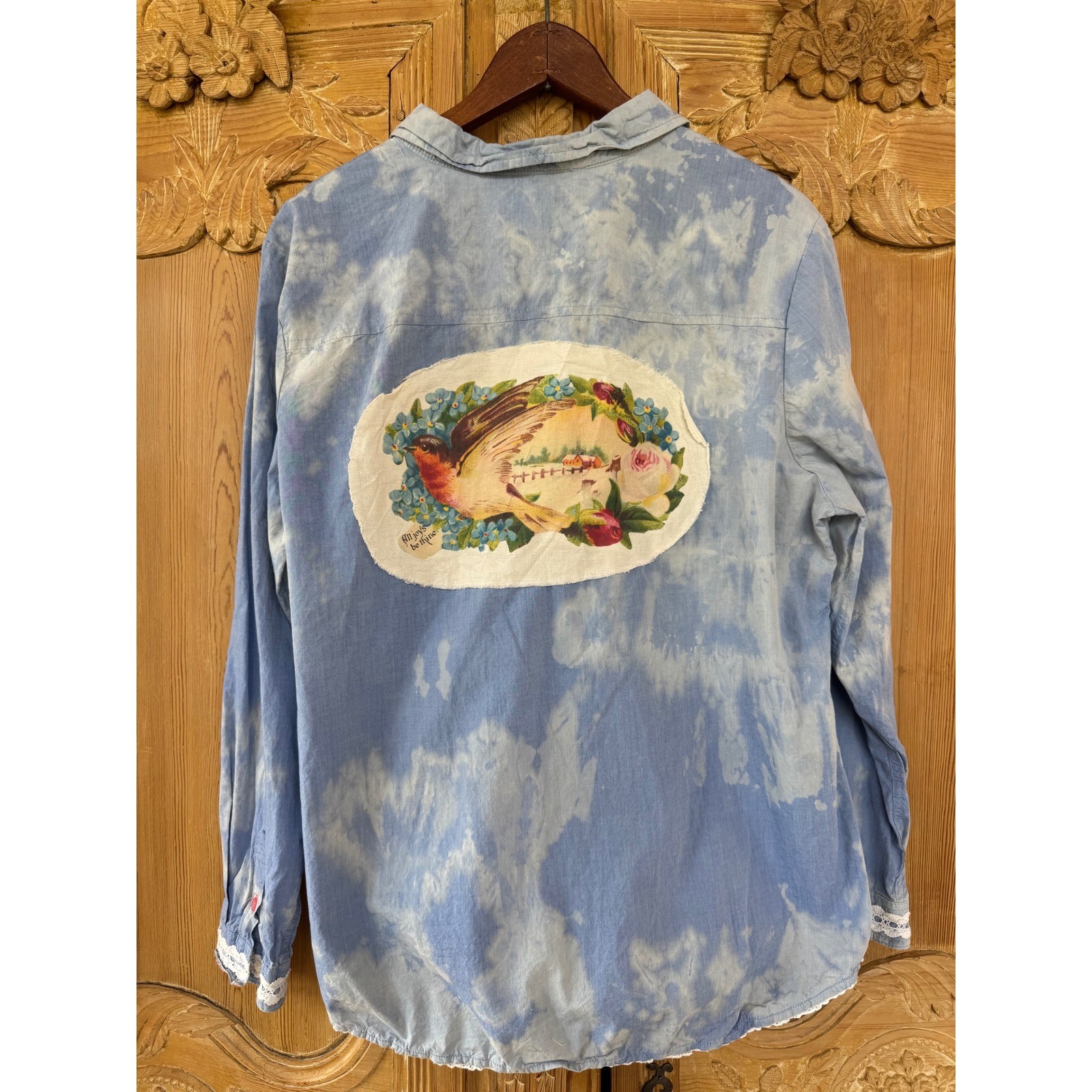 Upcycled Chambray Shirt Bird Patch Cottagecore XL Cotton