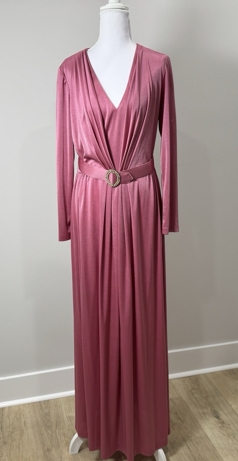 Vintage Dusky Pink Maxi Dress Long Sleeve Belted Draped Bodice 70s Style S