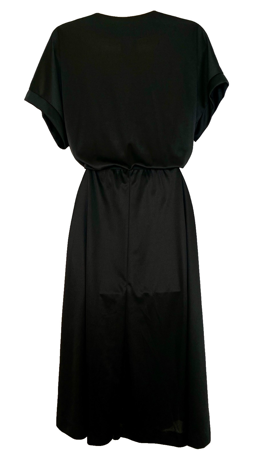 Vintage 1970s black midi dress XL short sleeve crossover A-line V neck disco