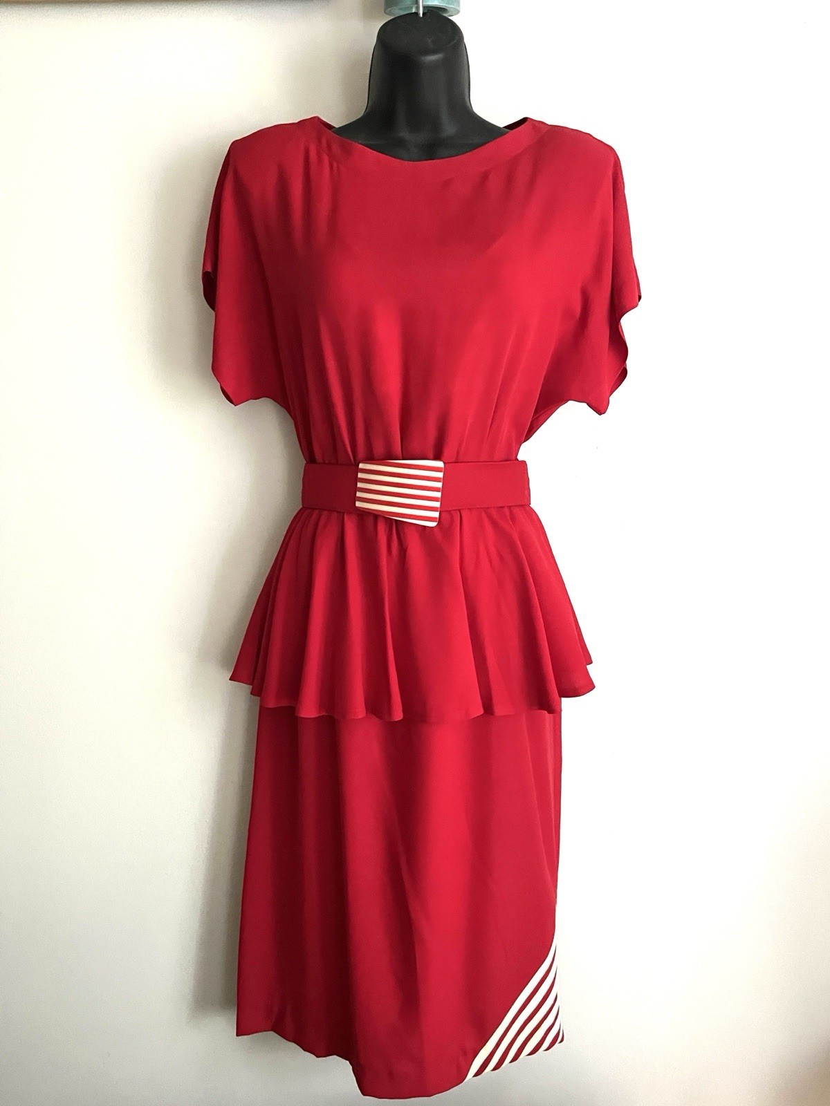 Red Vintage 50’s Peplum Midi Dress with Belt PACINO Womens SMALL
