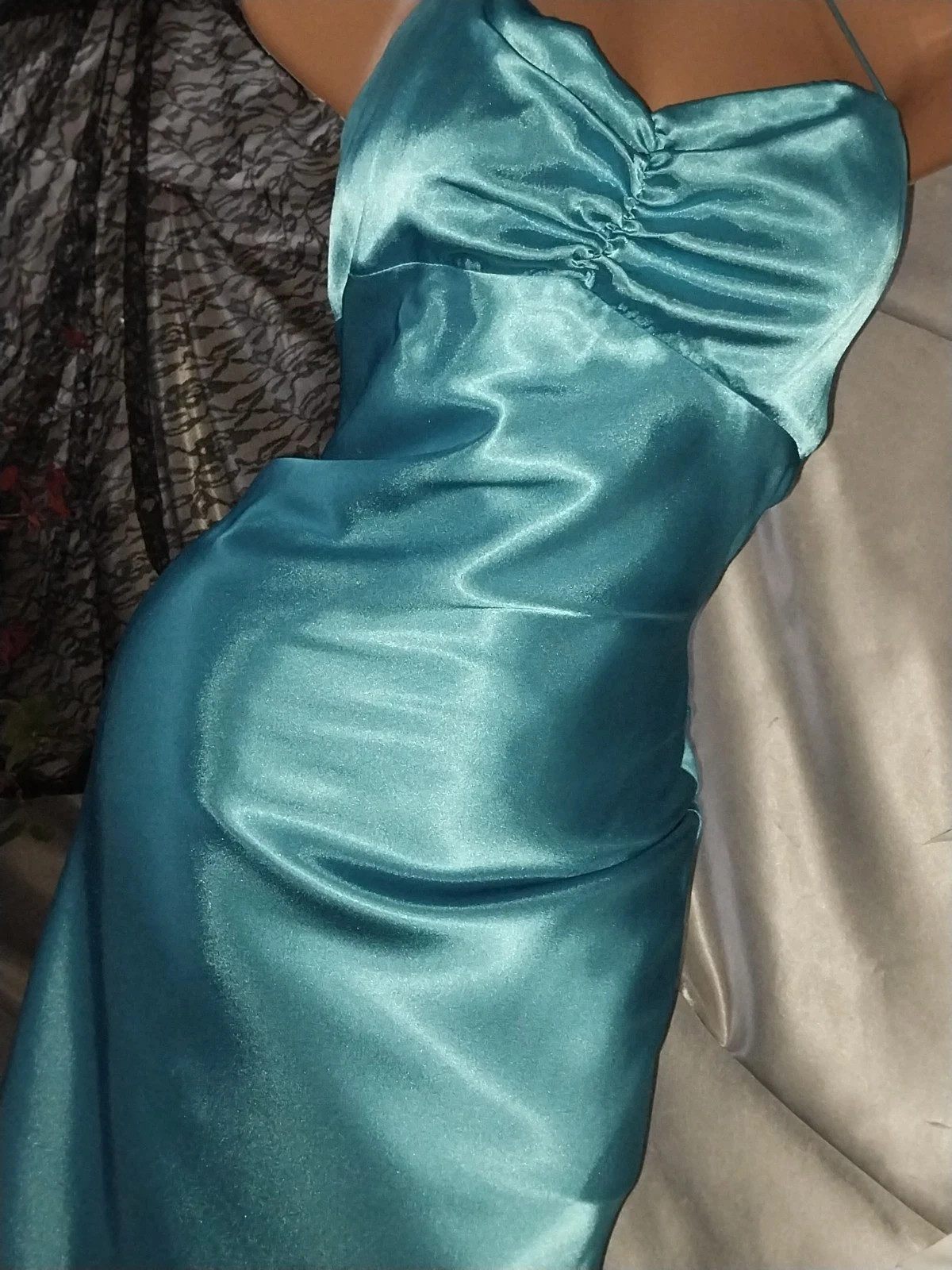 VTG SATIN SHINY BOMBSHELL LIQUID LACE UP RUCHED MAXI GLAM GOWN DRESS TALL S NEW