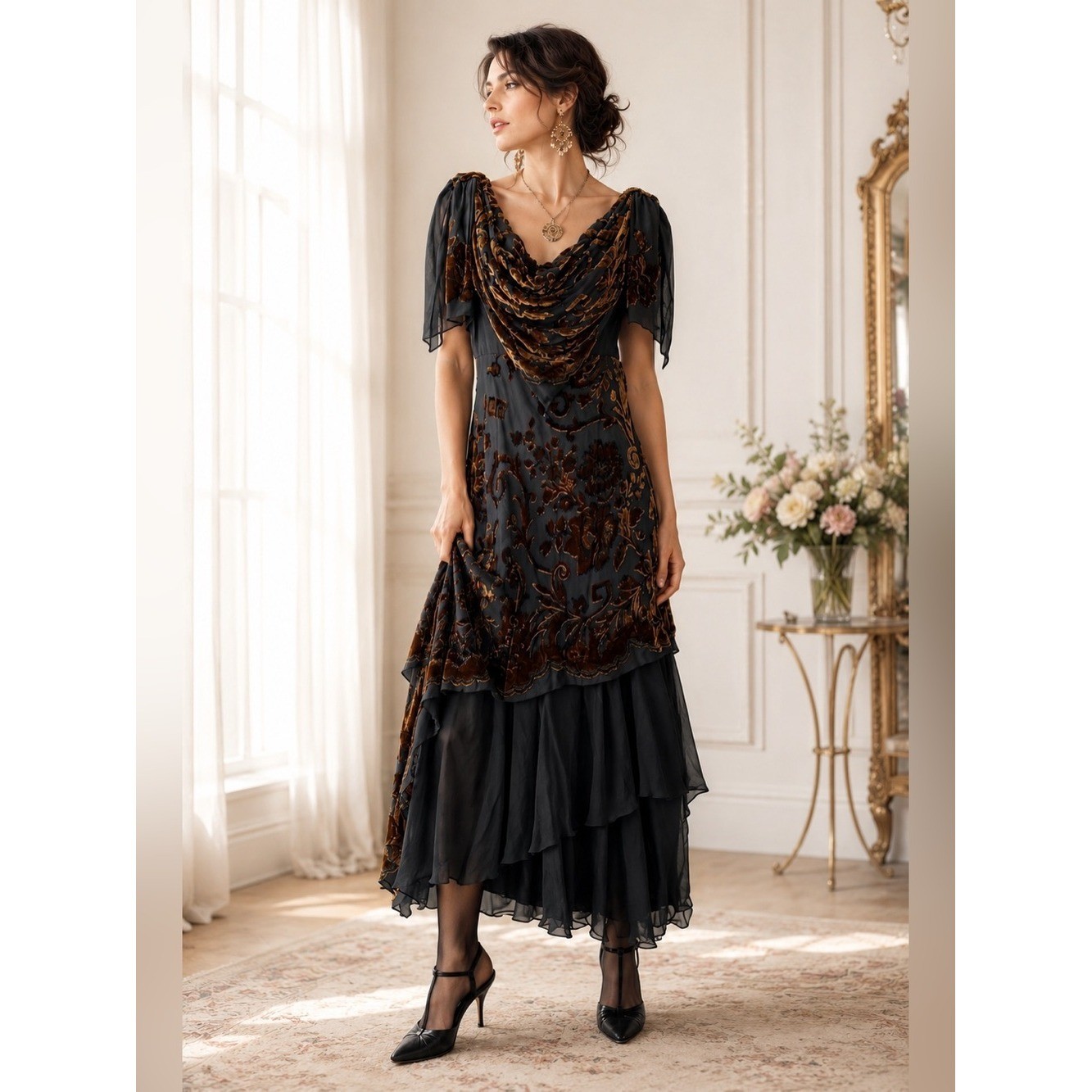 Vtg Barbara Katz Evening Dress Womens Sz 8 Black Brown Silk Maxi Burnout Velvet