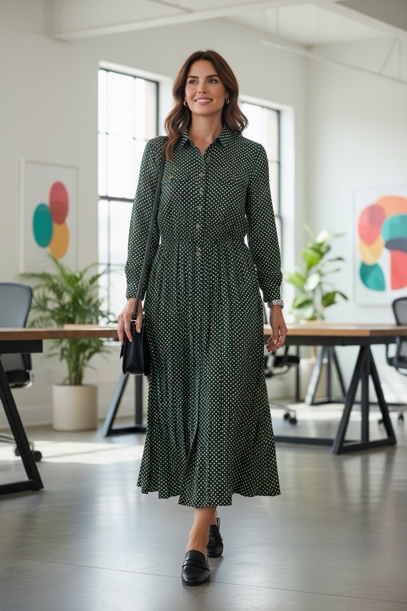 Vintage 80s Leslie Fay Hunter Green Polka Dot Midi Secretary Dress – Size 10 EUC