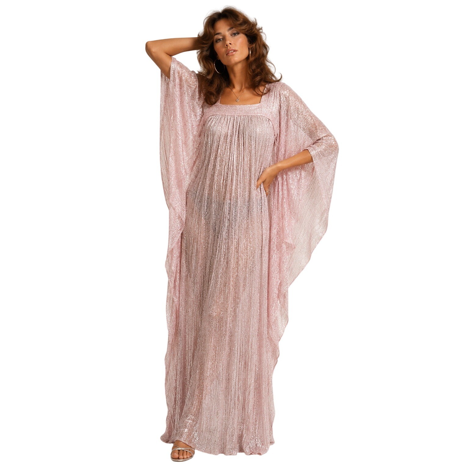 1970s Georgie Keyloun Womens Pink Metallic Lurex Caftan Hostess Disco Dress OS