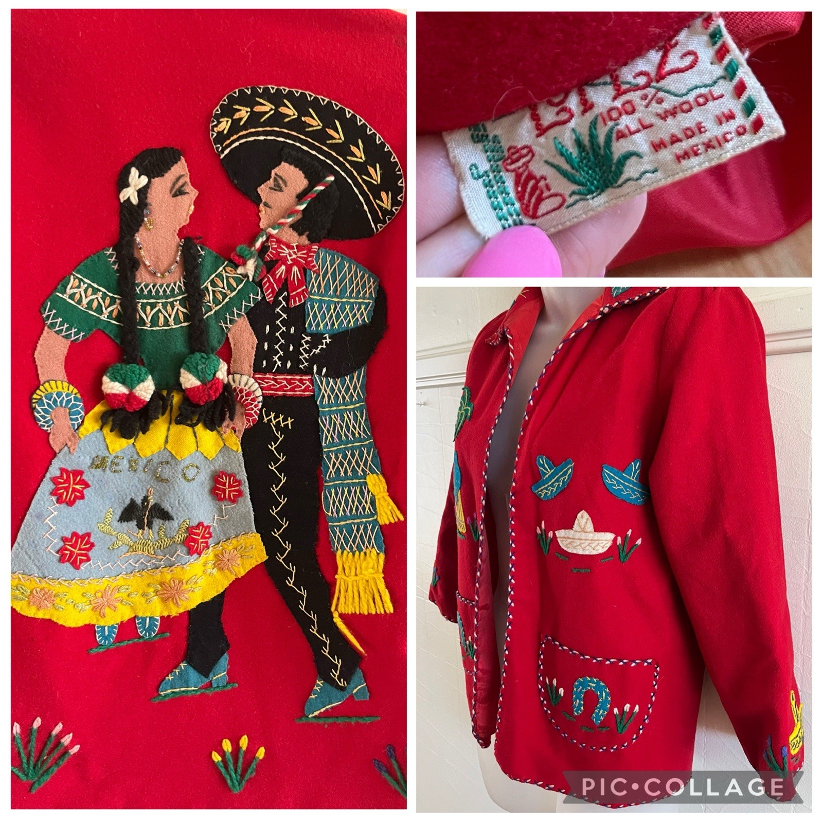 Vtg LOPEZ 1940s Mexican Wool Embroidered Tourist Jacket Bright Red-Sz XS EUC!