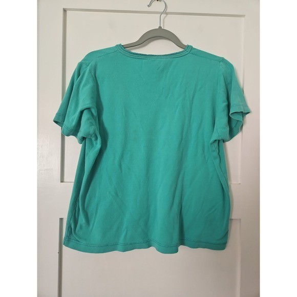 Basic Editions Vintage Teal Green V-Neck T-Shirt Large 100% Cotton Boxy Y2K