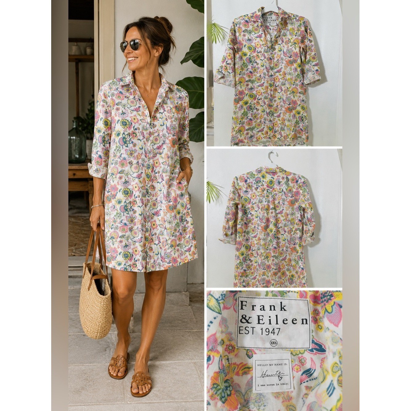 Frank and Eileen Floral Linen Hunter Step Hem Shirtdress Size XXS