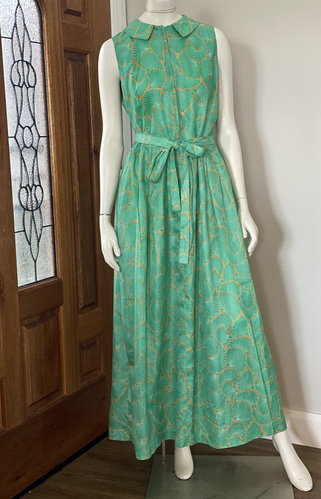 Vintage Art Deco Floral Fan Geometric Green Maxi Summer Sun Day Evening Dress ML