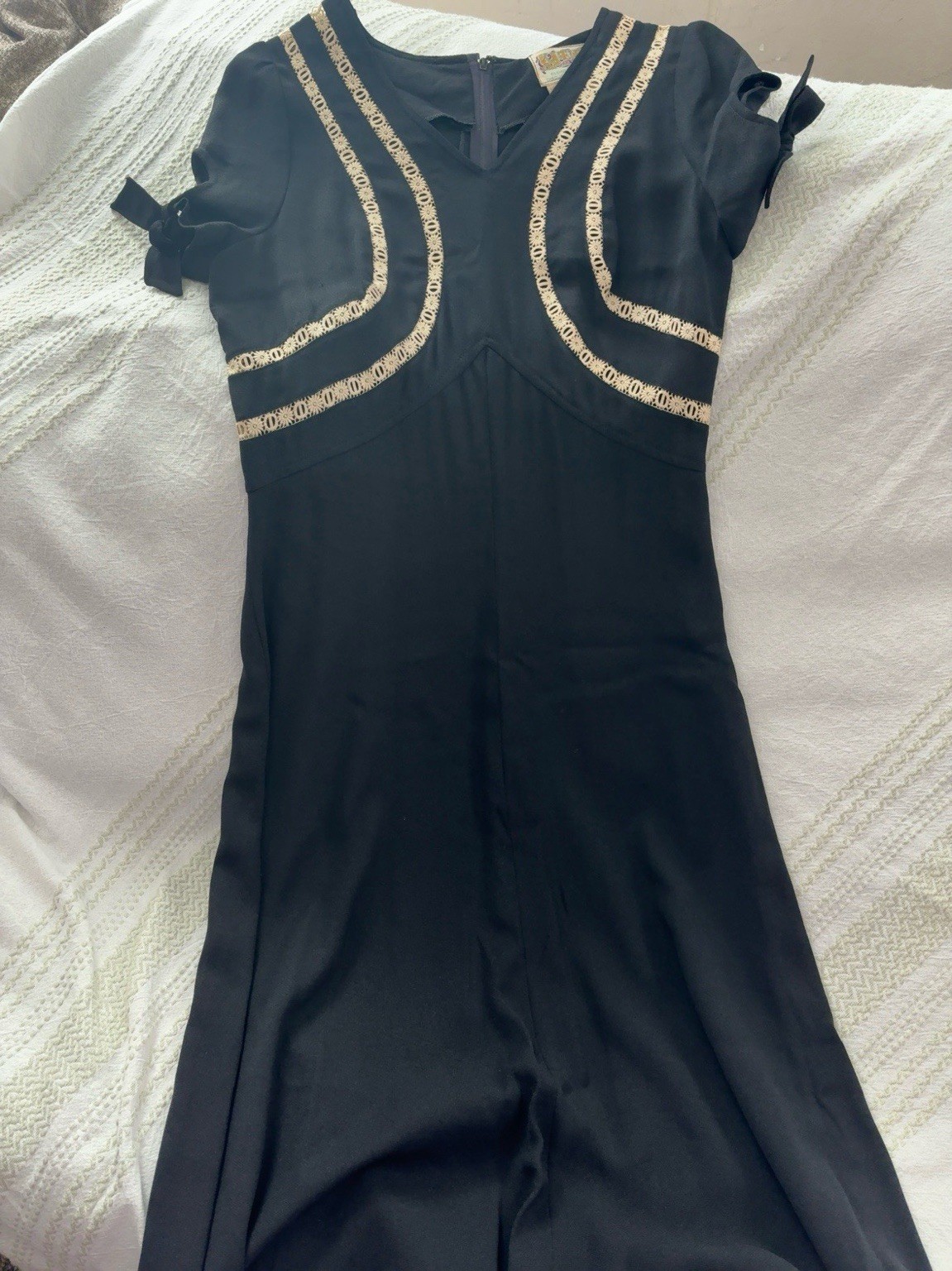 Vintage Katie’s Australia Black Crepe Maxi Dress Lace Trim Bow Sleeve Size 14
