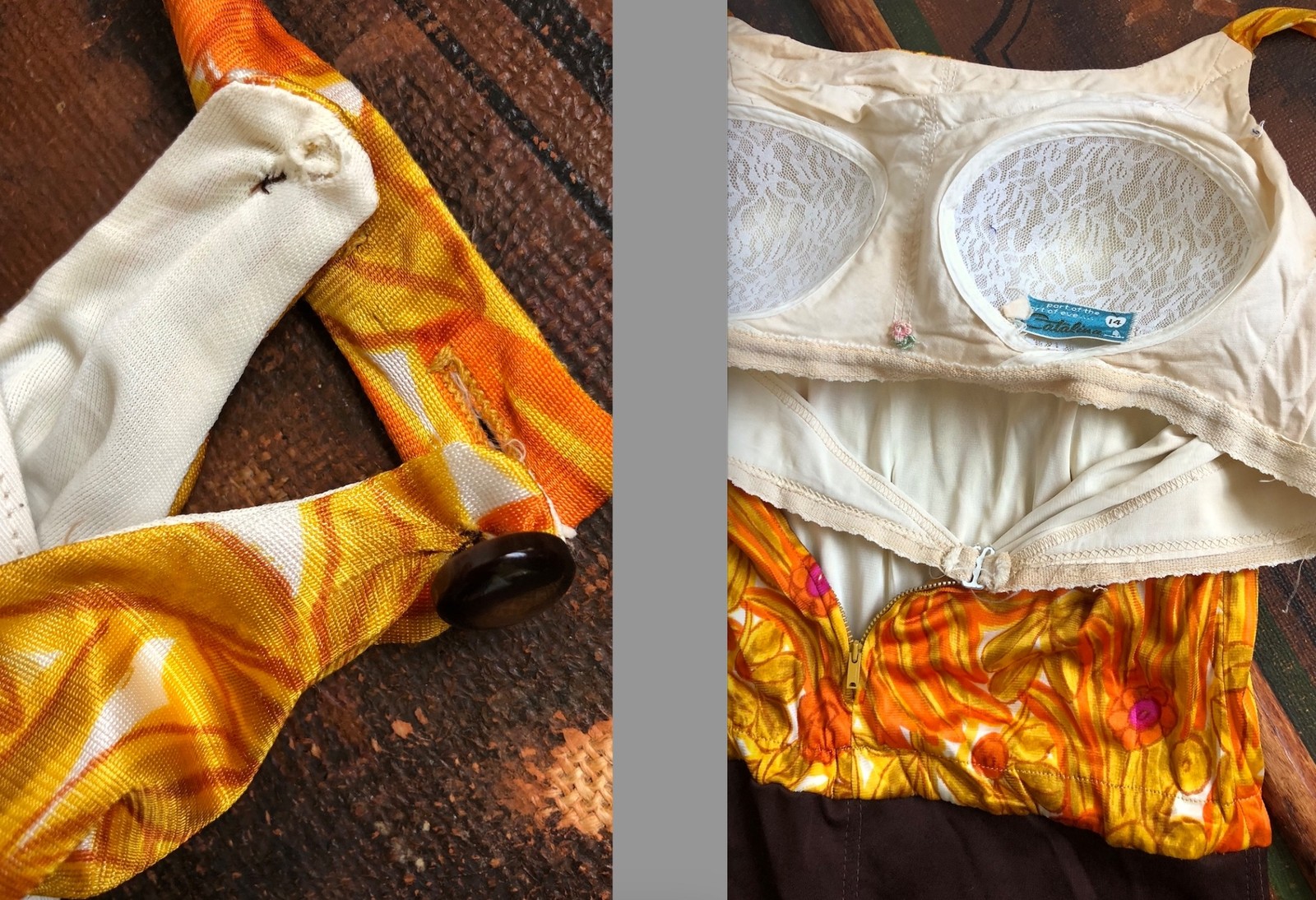 VTG 60s CATALINA CALIFORNIA USA TIKI YELLOW BROWN SWIM BATHING SUIT 1-PIECE 14