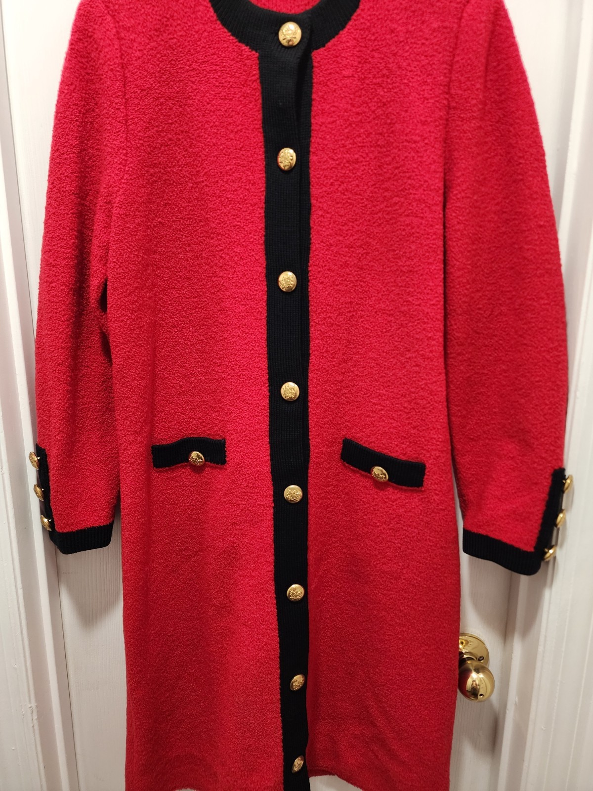 Vintage 70s 80s ADOLFO NEW YORK Boucle Style Long Wool Cardigan Red Black Dress