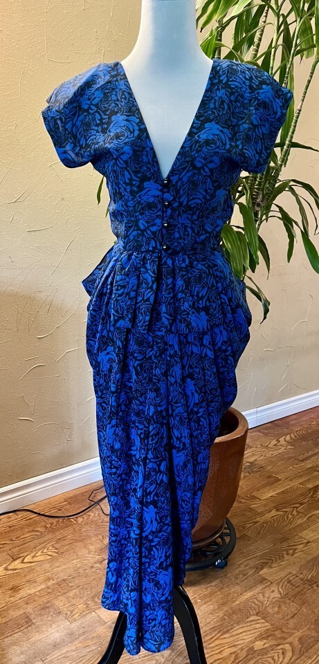 Beautiful Unique Royal Black & Blue Vintage Peplum Dress Size XS/S