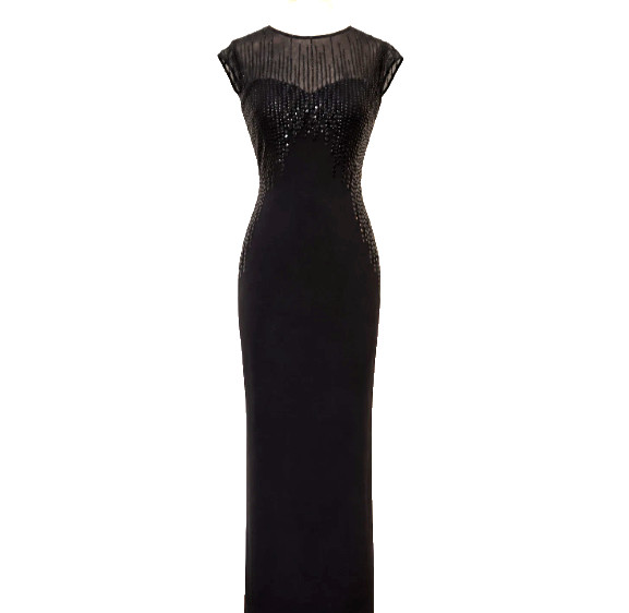 Vintage Black Beaded Sequin Illusion Elegant Evening Gown Women’s Dress