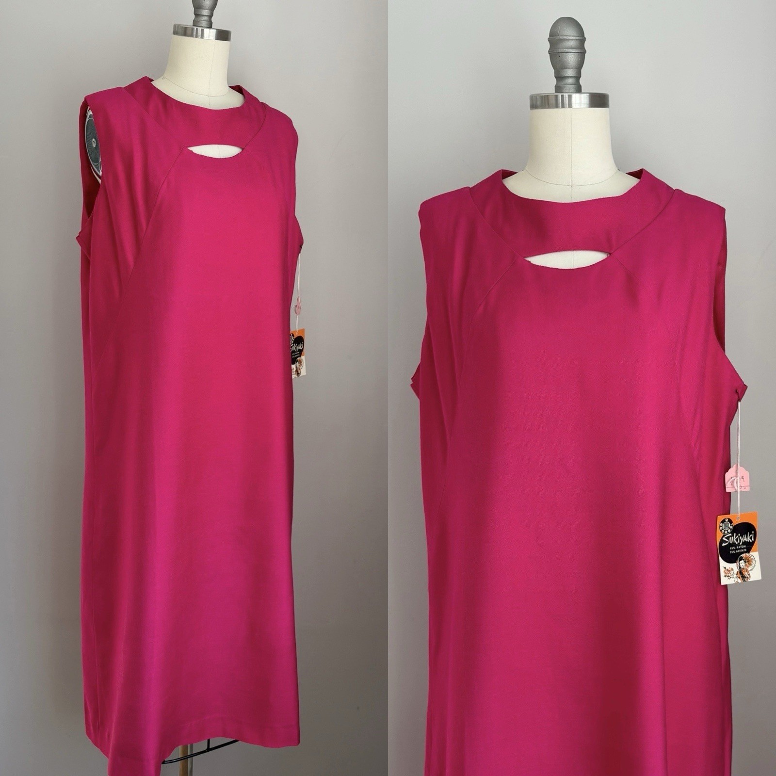 Vintage 1960’s Deadstock Fuchsia Pink Keyhole Neckline Cocktail Party Dress M/L