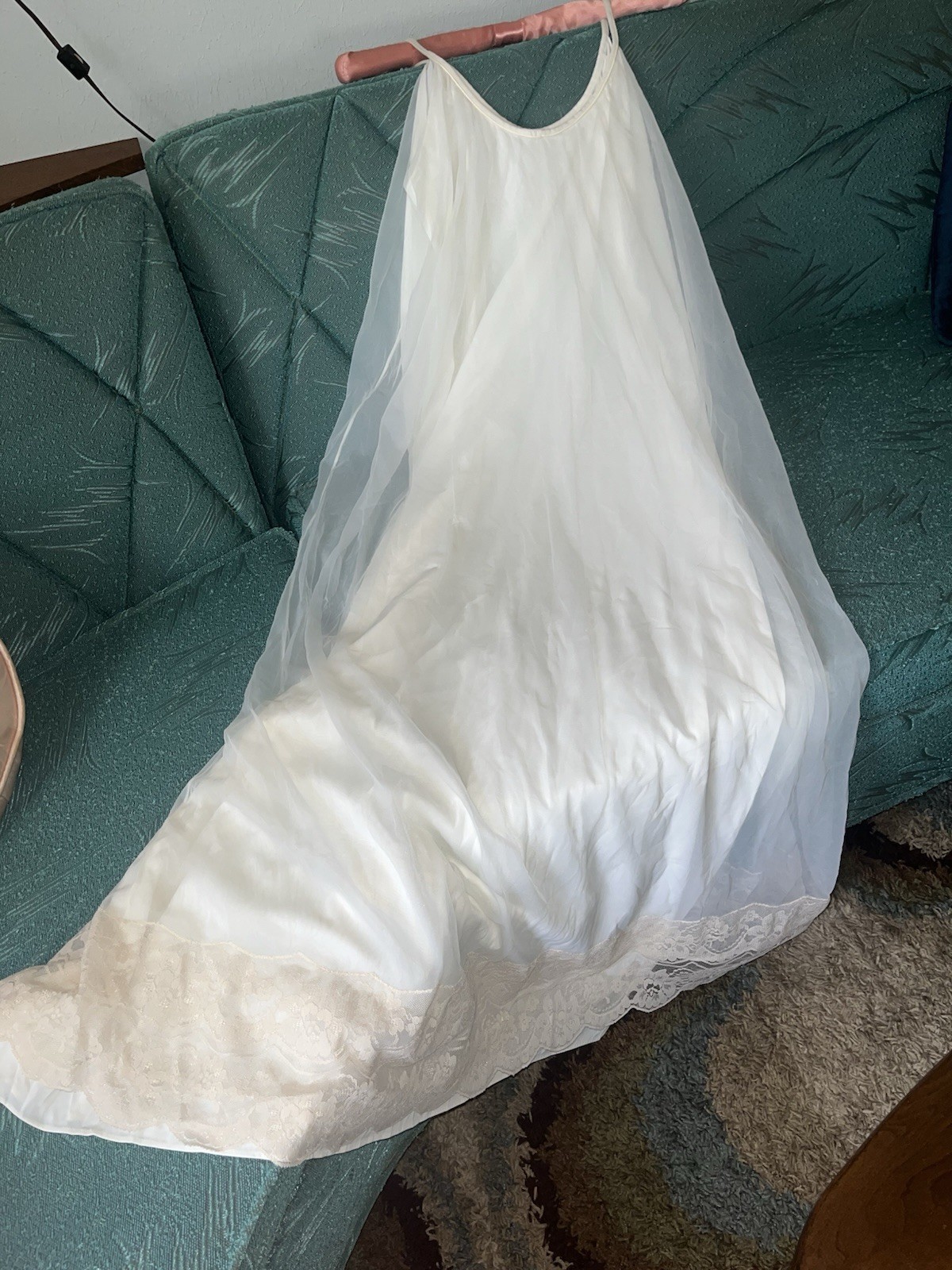 VTG INTIME Chiffon Nightgown Large White Ivory Lace Bridal Full Sweep Maxi Gown