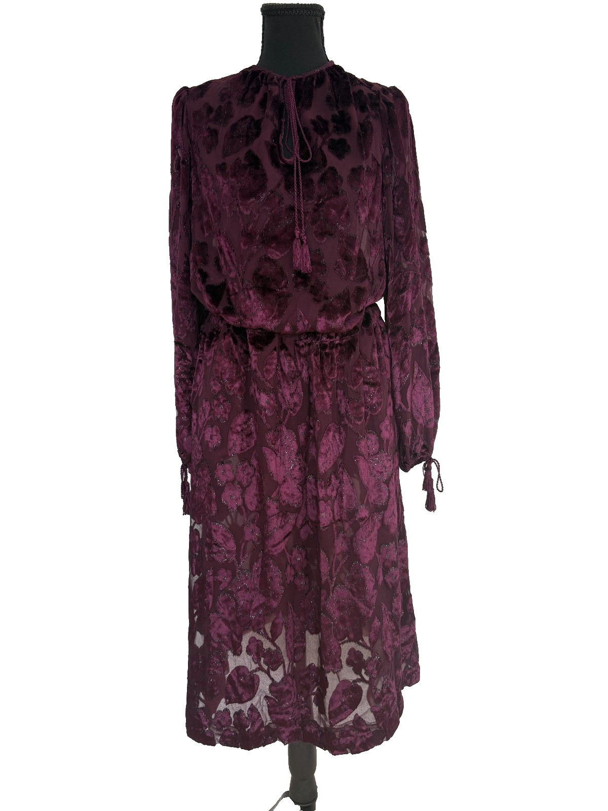 VTG 1977 Oscar de la Renta Burgundy Devoré Tassel Blouse & Skirt Set