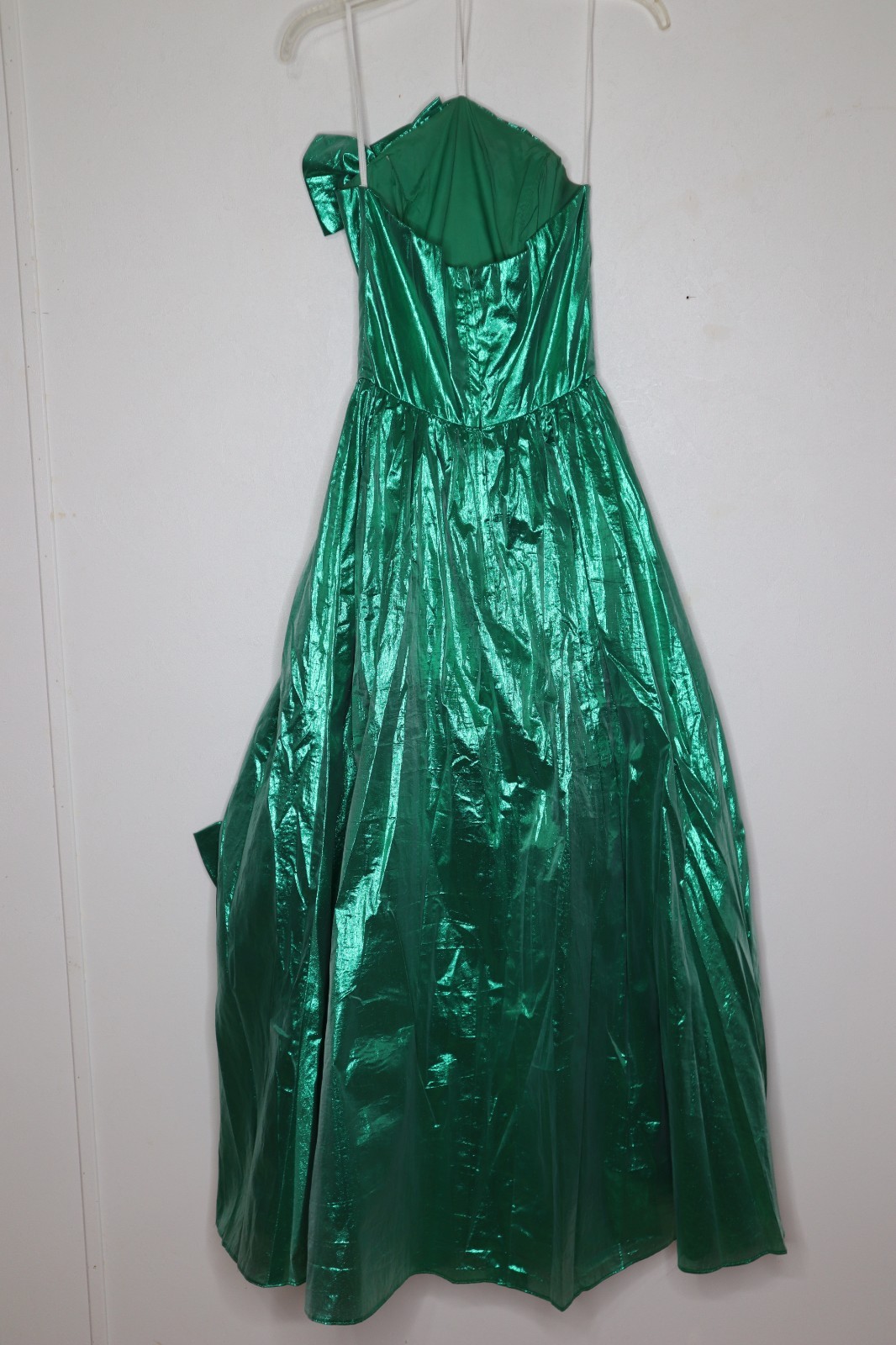 Vintage 80s 90s Green Metallic Prom Party Dress Pageant Bow Strapless Small