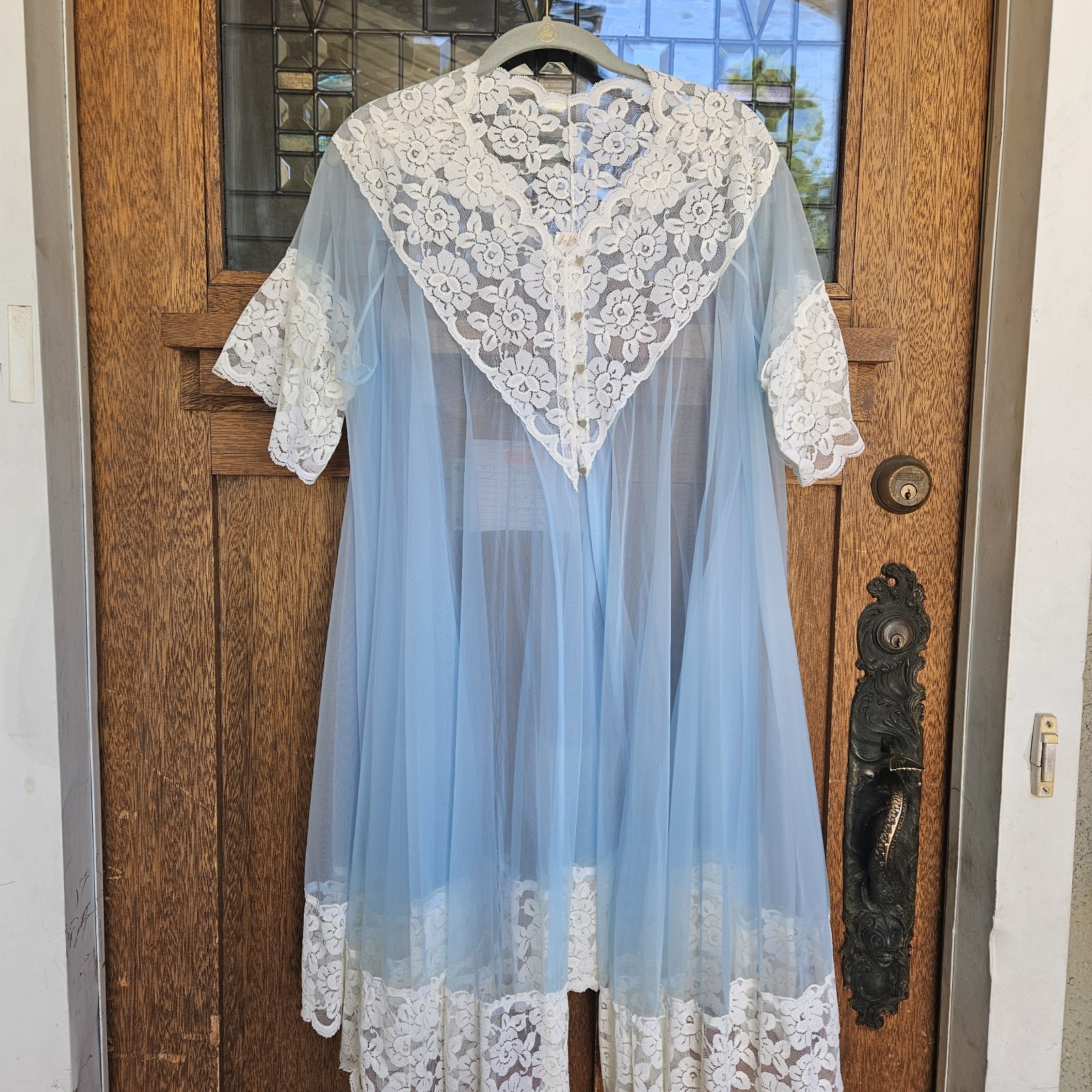 L 1960s Powder blue sheer Vtg babydoll nightgown lingerie Lavoys Nylon Lace