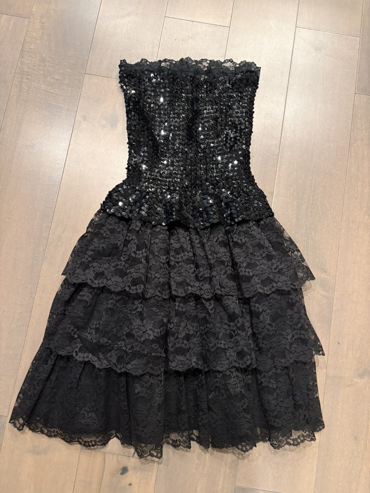 Vintage 80s Strapless Black Floral Lace Prom Party Dress Whimsgoth Gothic XS/S
