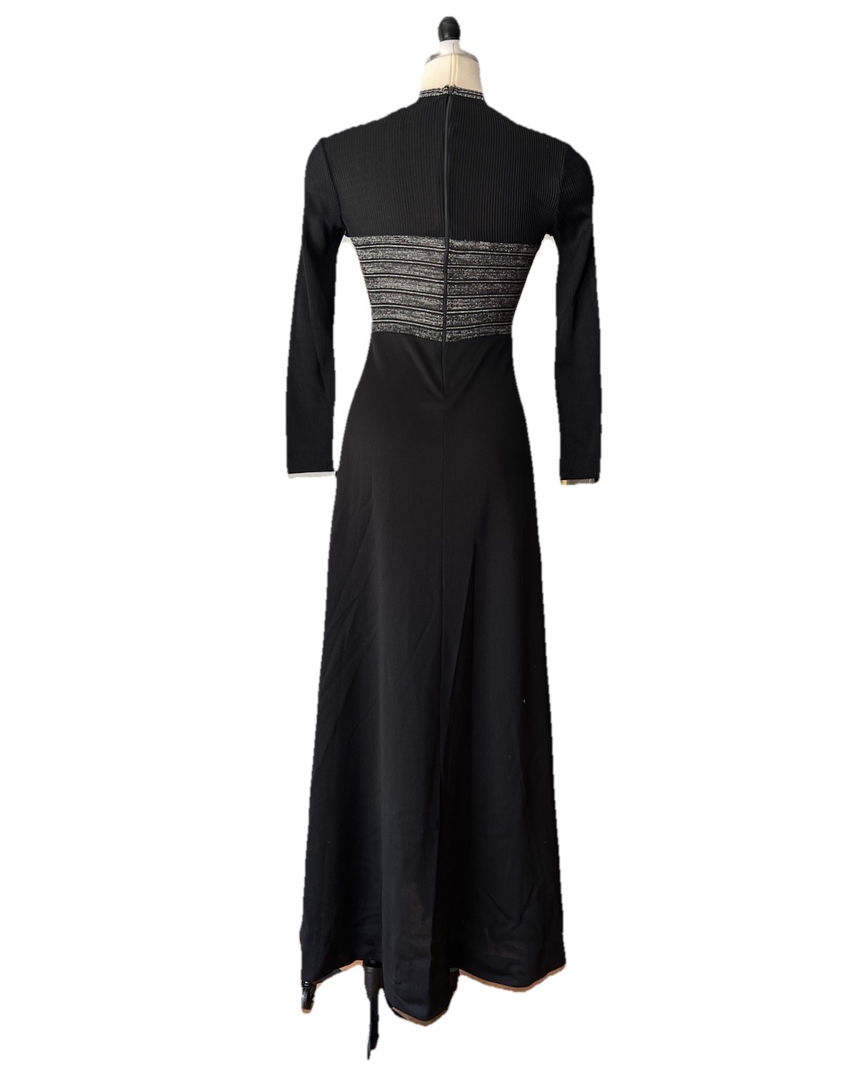Vintage 70’s Flomar Knits Metallic Lurex Black Maxi Dress Disco Chevron Stretch
