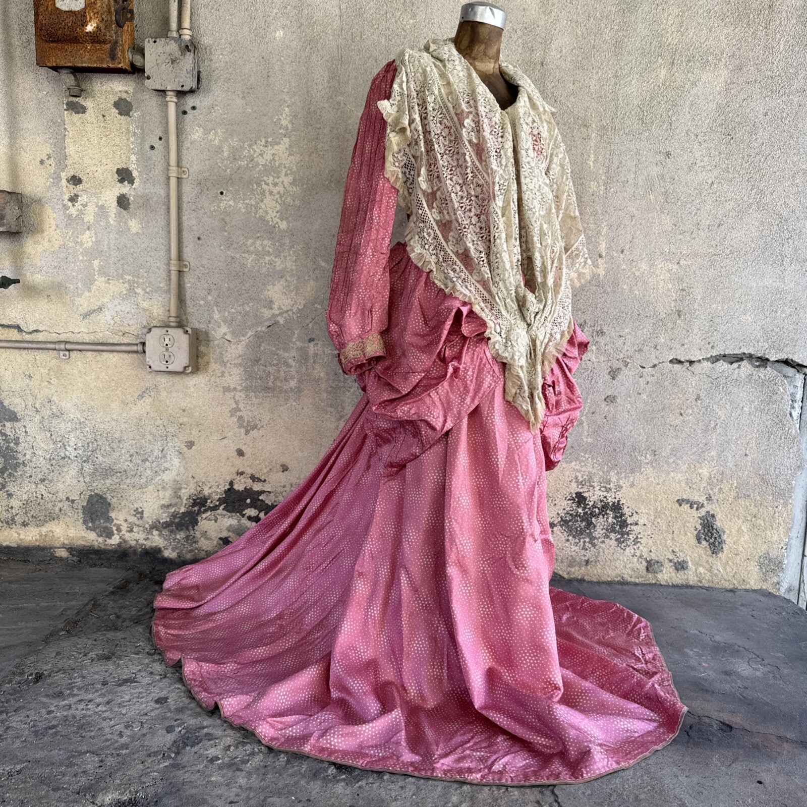Antique Victorian Pink Silk Dot Print Dress Side Bustle Gown Lace 1880s Vintage