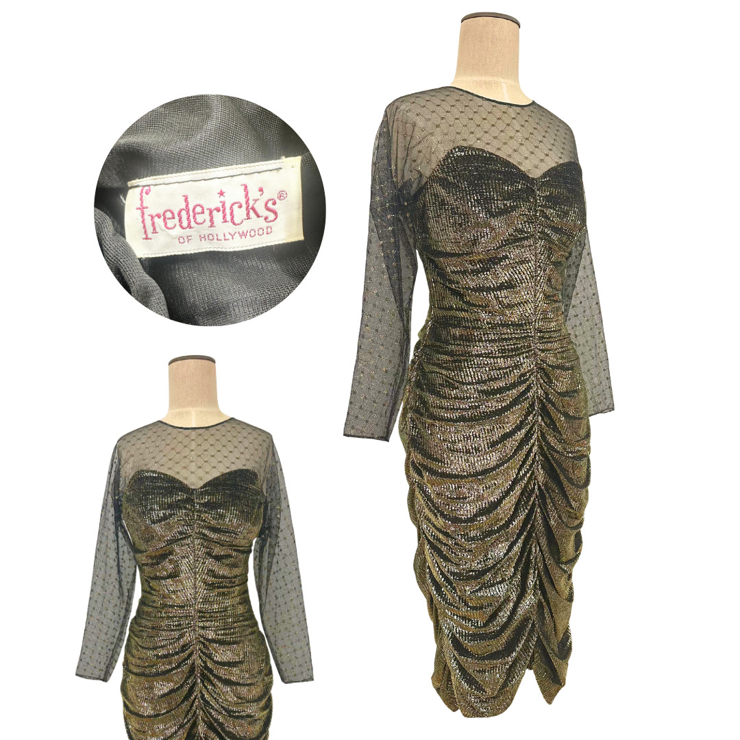 Vintage 1980s Frederick’s of Hollywood Gold Ruched Sheer Shimmer Disco Dress