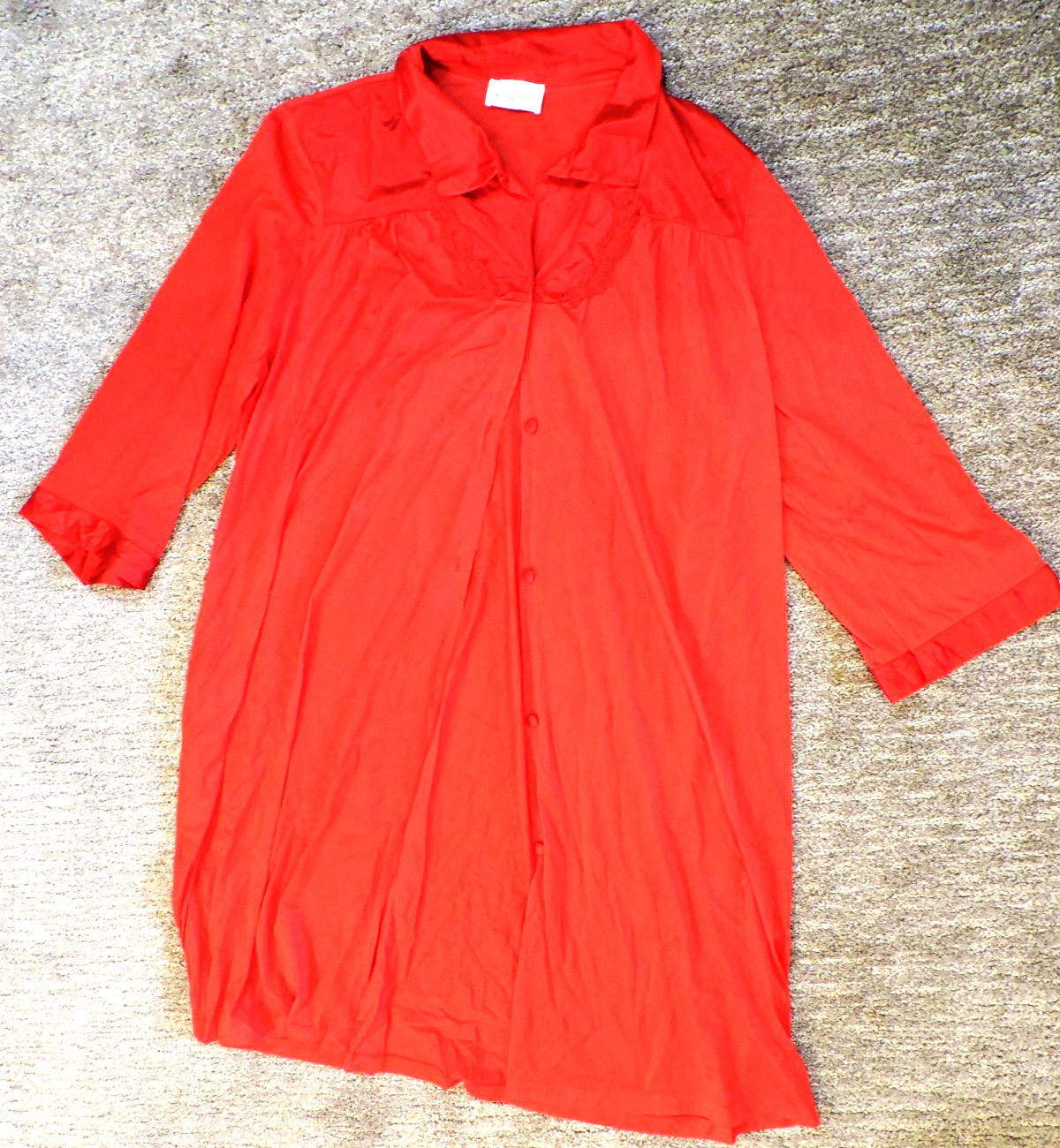 Vanity Fair VTG Red Button Front House Coat Nylon Nightgown Duster SZ L 49″ bust
