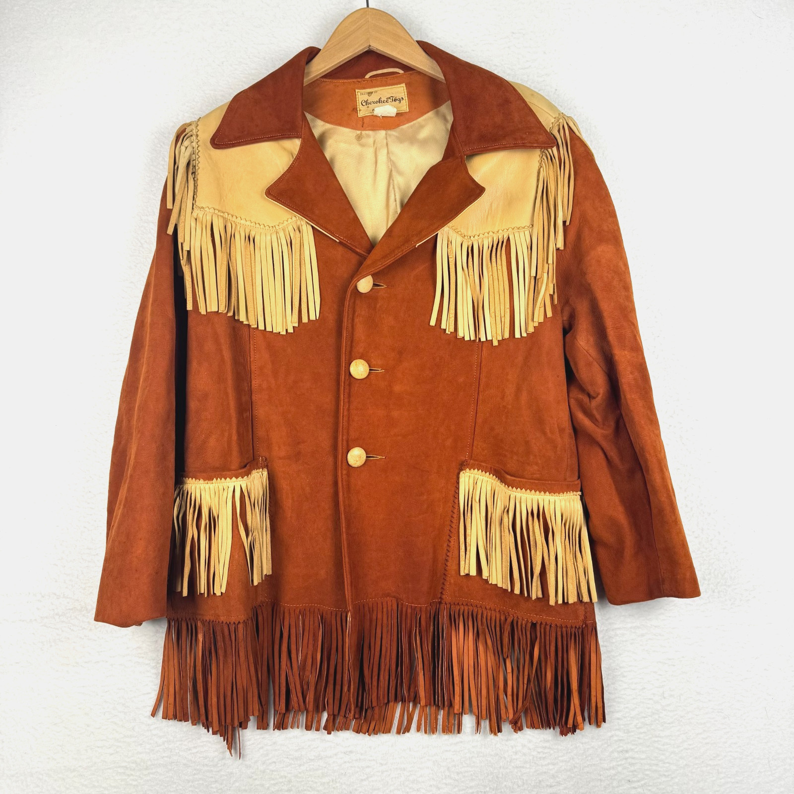 Vintage 60s 70s Cherokee Togs Size 42 Orange Suede Fringe Western Cowboy Jacket