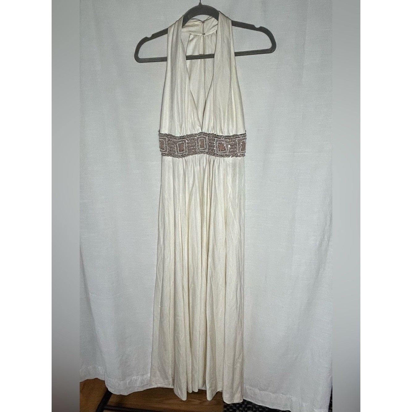 True Vintage Circa 1970’s Cream Halter Maxi Dress with Embellished Beaded Waist