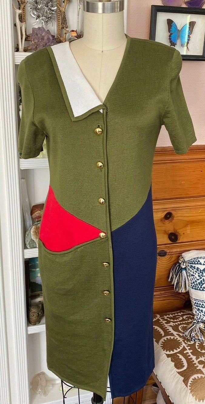 VTG Roberta di Camerino Dress Sz 38 XS 0 2 4 Colorblock Mod Vintage green olive