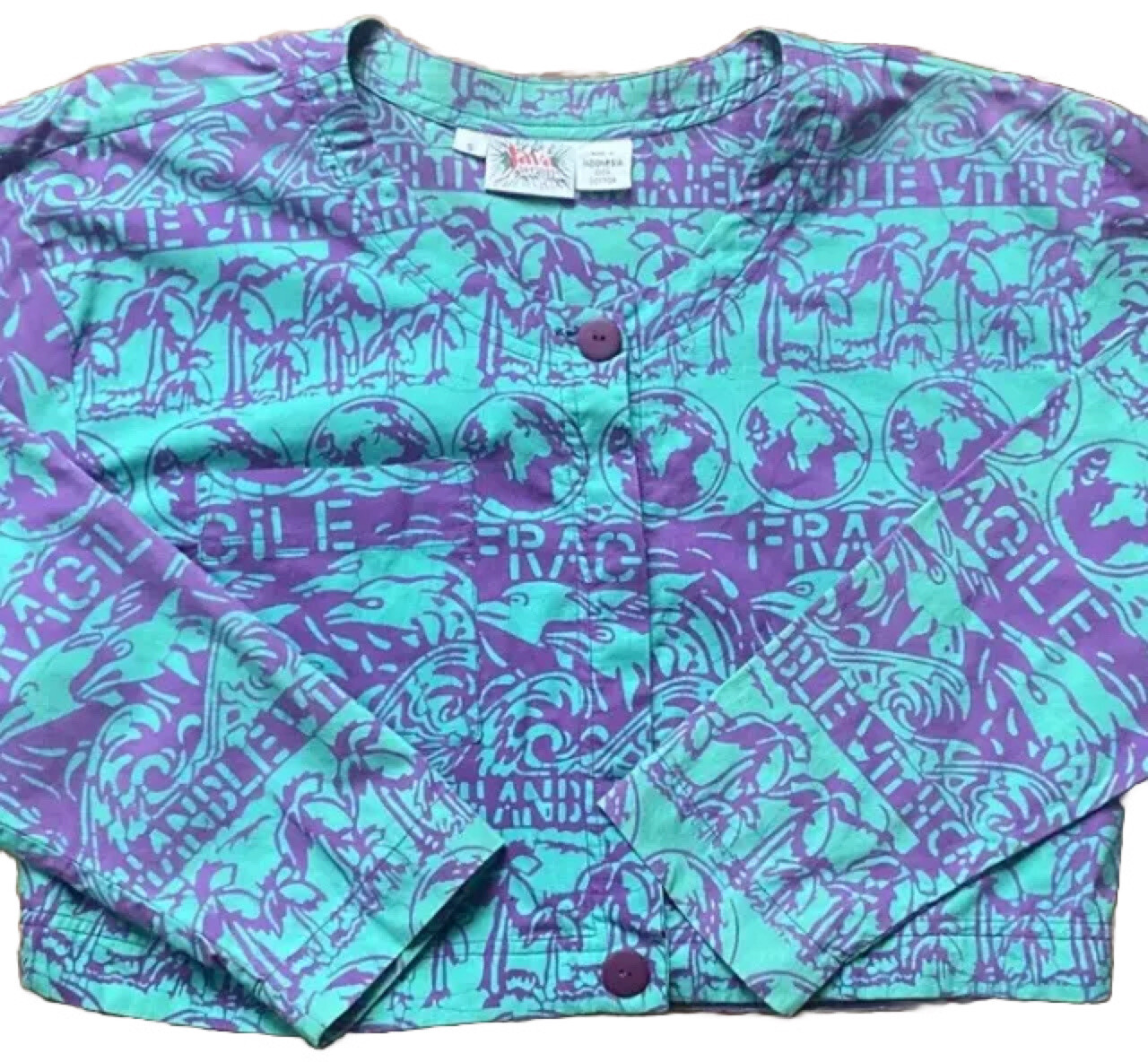 Java Wraps Cropped Long Sleeve Button Front Top Green Purple Tropical Design SM