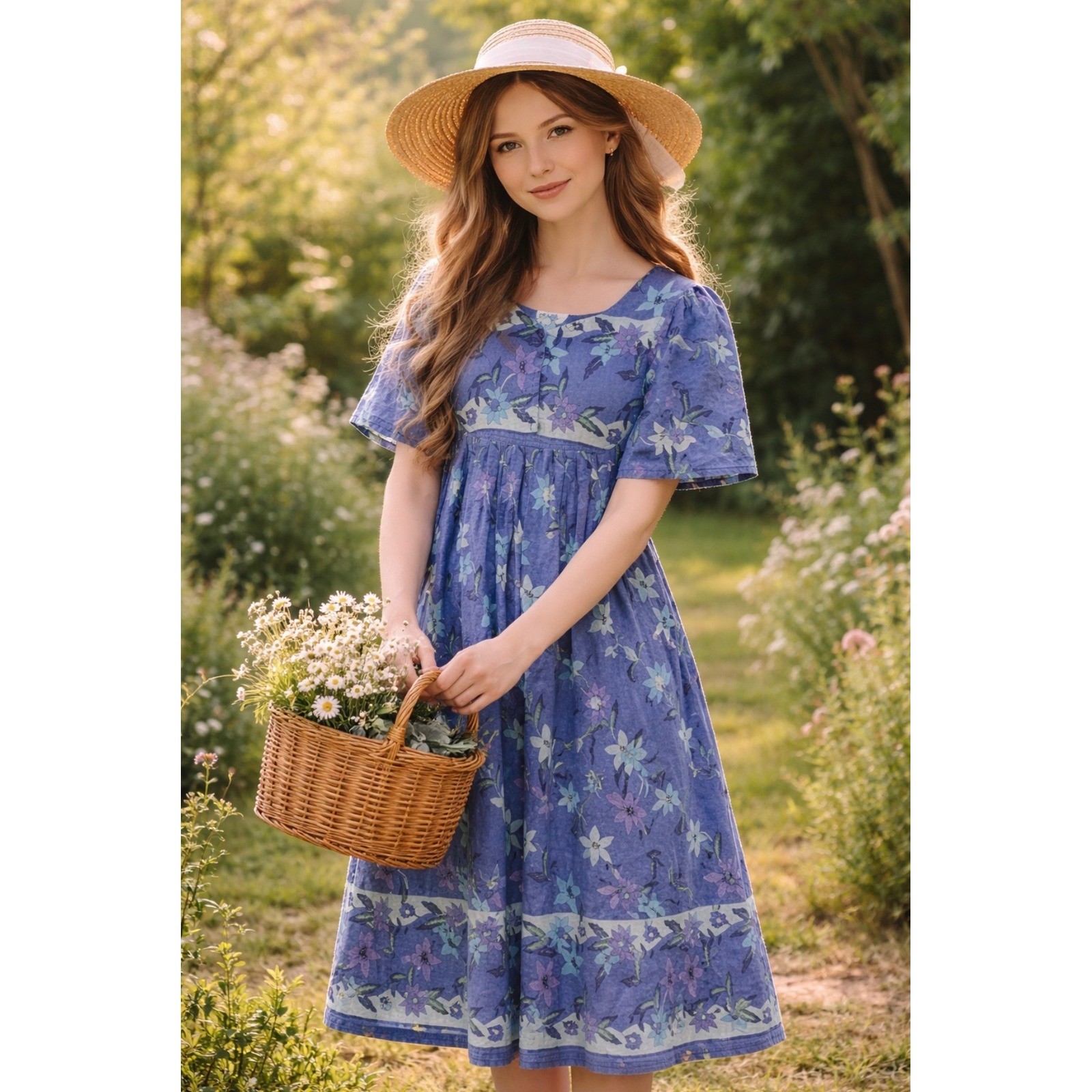 Vintage Fundamentals Floral Midi Praire Dress L Blue Cotton Flowy Cottagecore