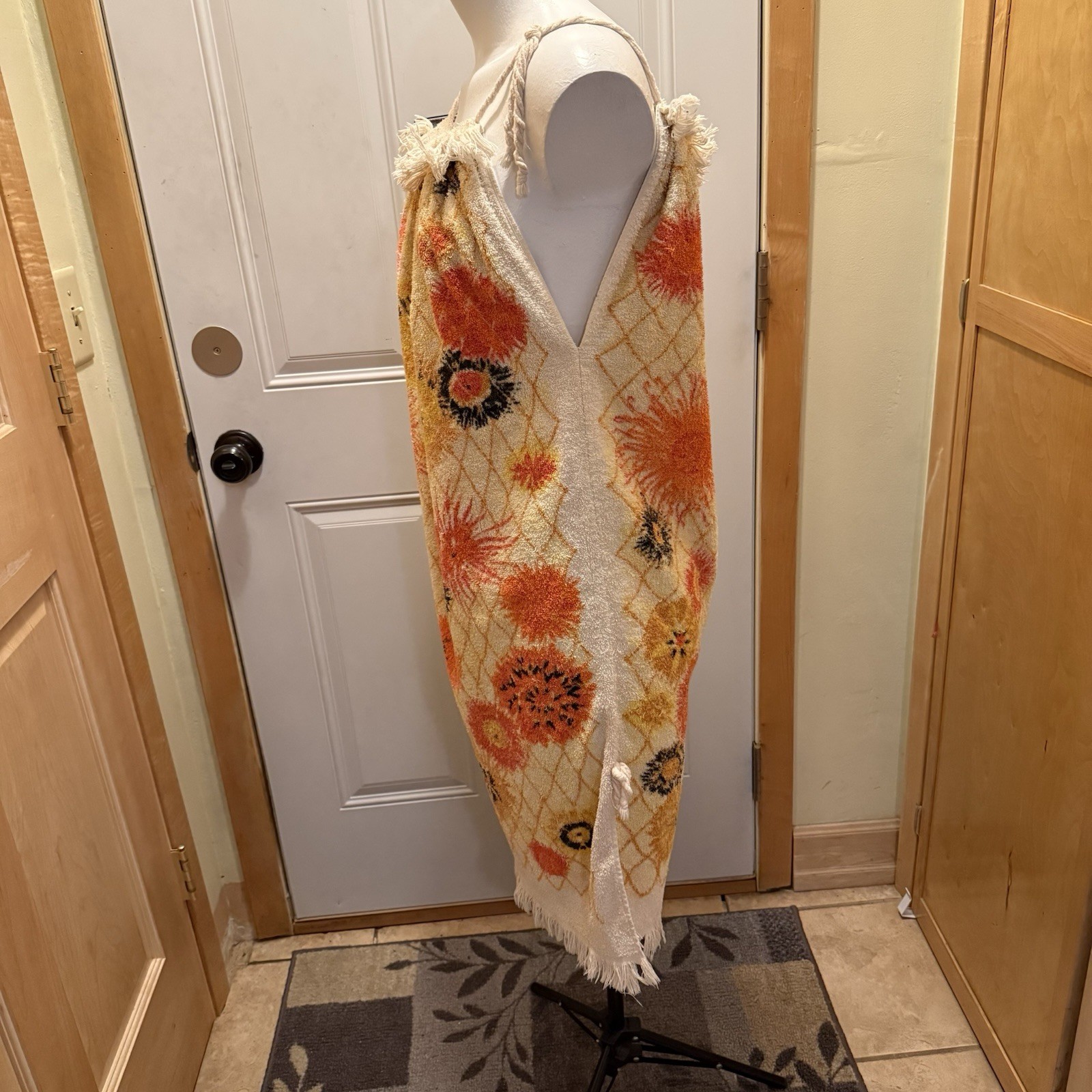Vtg Terry Cloth Towel Dress Cotton Swim Beach Cover Up Flowers Fringe S/M Cannon