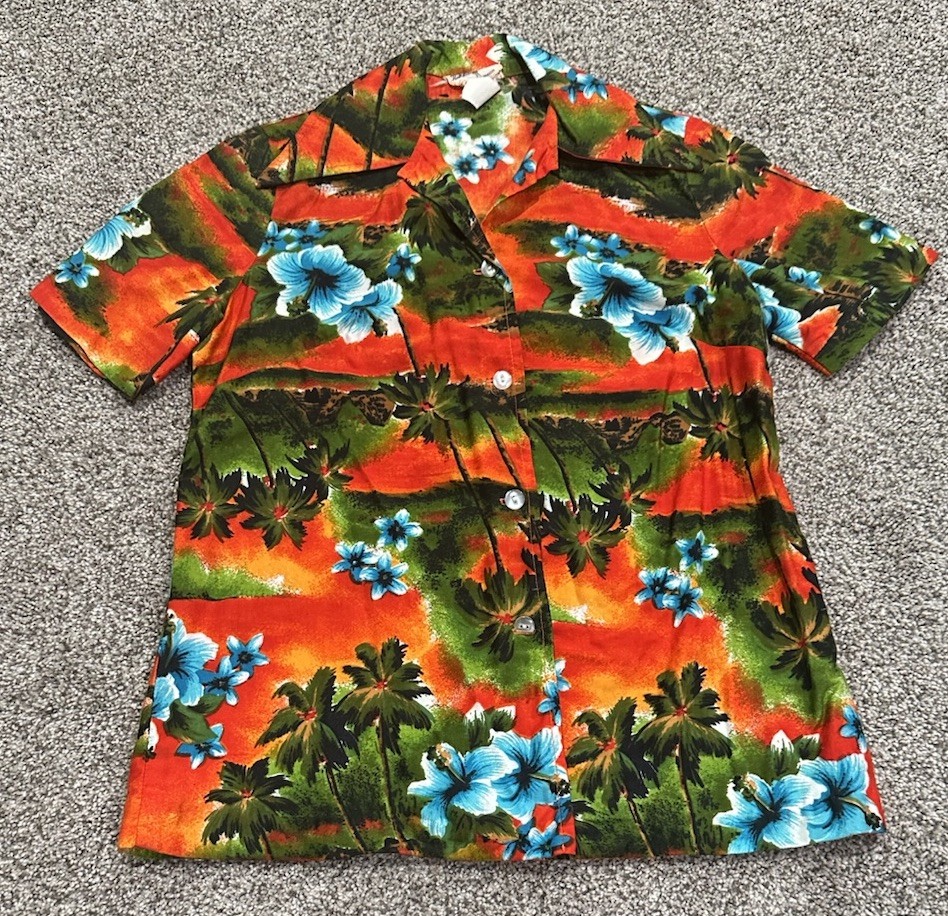 Vintage Hukilau Fashions Shirt Honolulu Hawaiian Scene Pattern Women’s XS