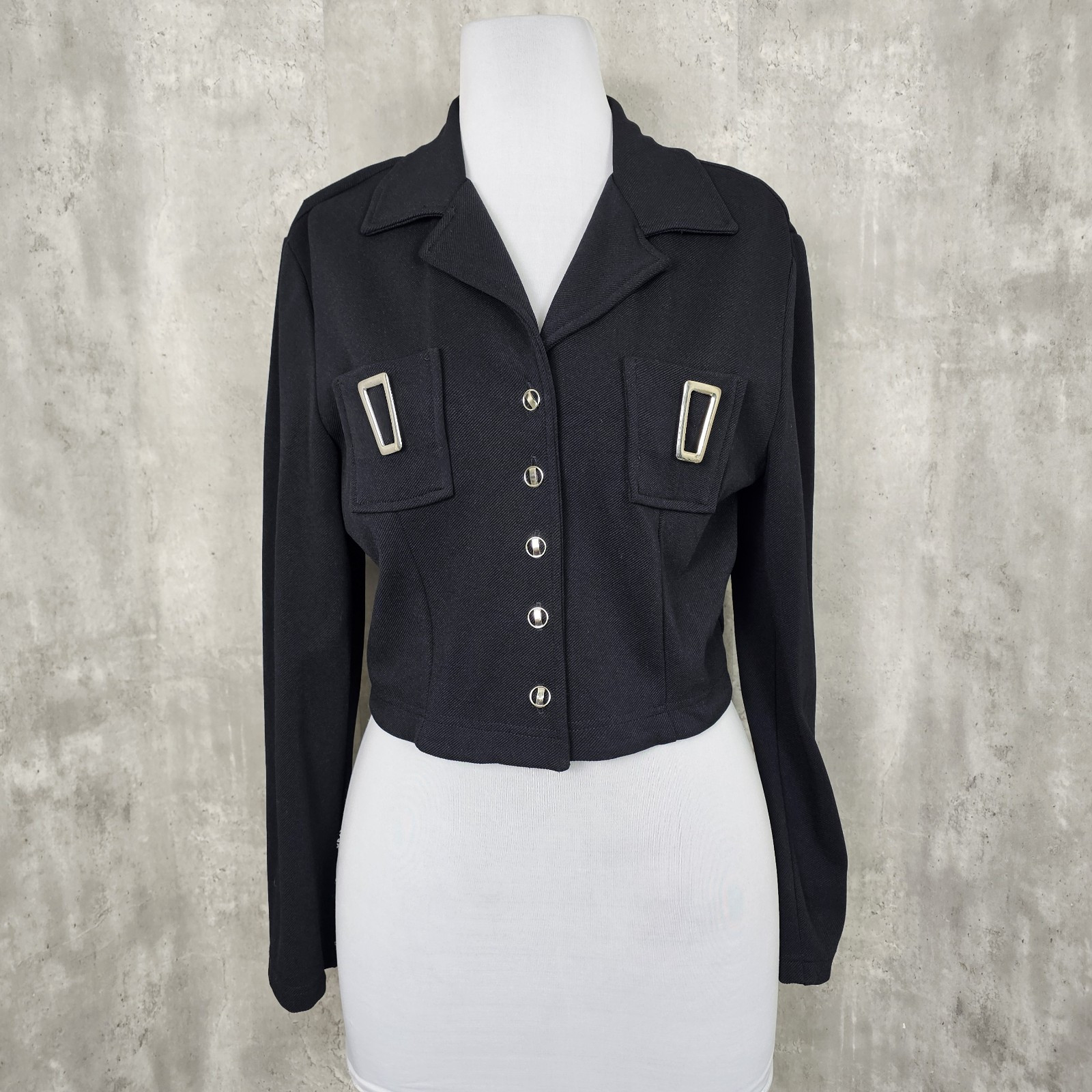 Vintage 90s Cache Womens 14 Black Knit Nylon Cropped Jacket Button Front L/S