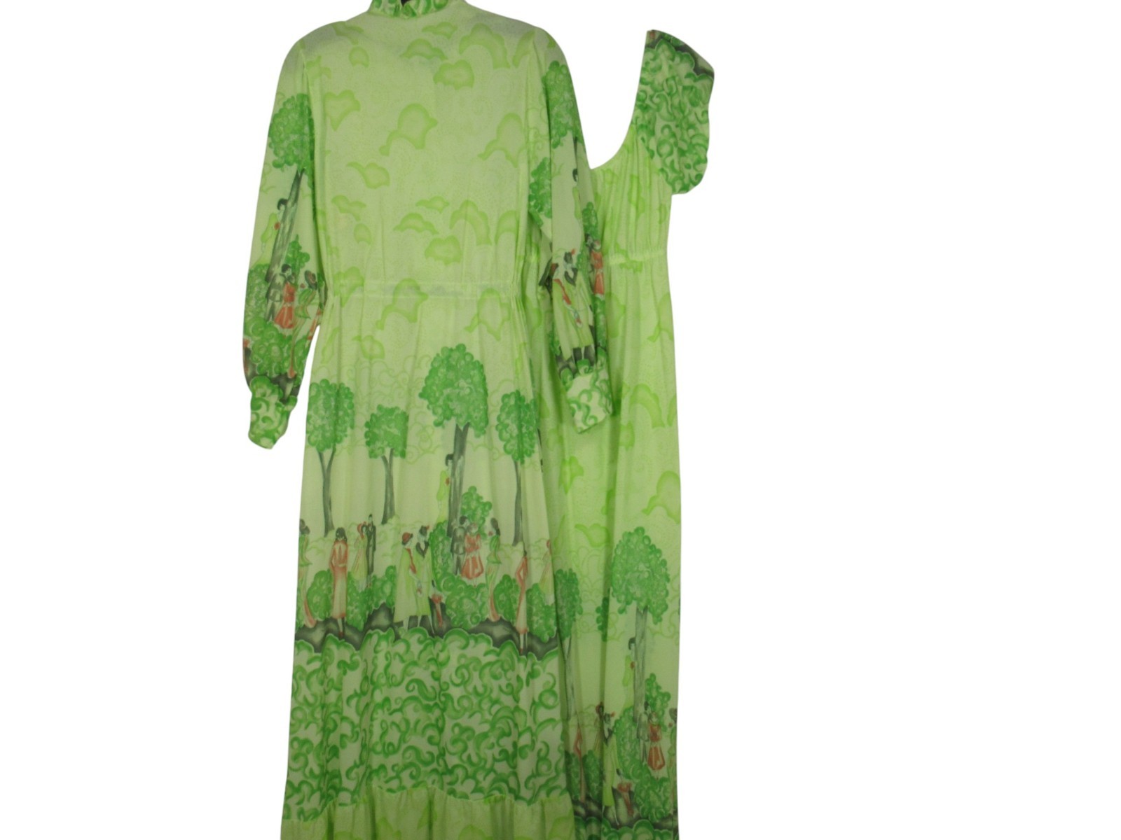 VTG Nylon GREEN TOILE Button-Up/Tie RUFFLE HEM Lounge ROBE/NIGHTGOWN SET Sz XS