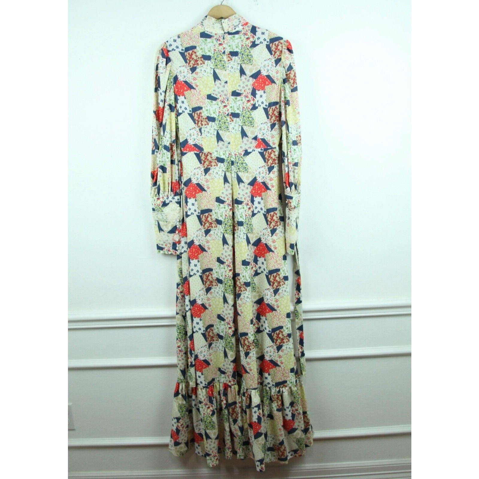Vintage XS S Dress 70s Maxi Patchwork Prairie Ruffle Bib Hippy Boho Western