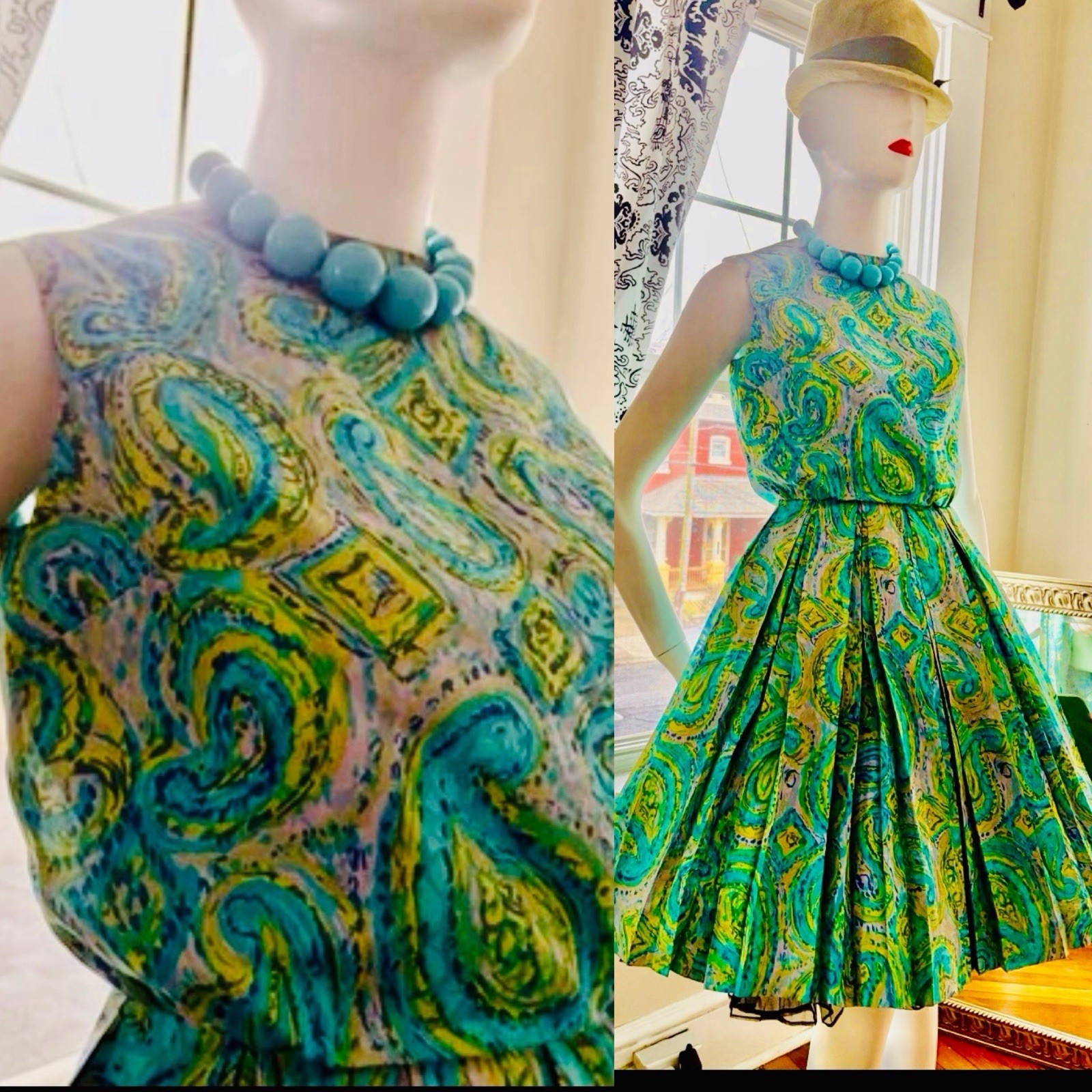 Vtg 50s 60s Bold Print Garden Party Dress Fit & Flair S 36/24 USA Union VLV 🔥