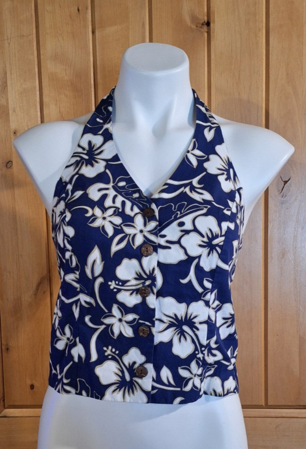 1990s Blue White Hawaiian Hisbicus Print Halter Top Pin Up Rockabilly Tiki Viva