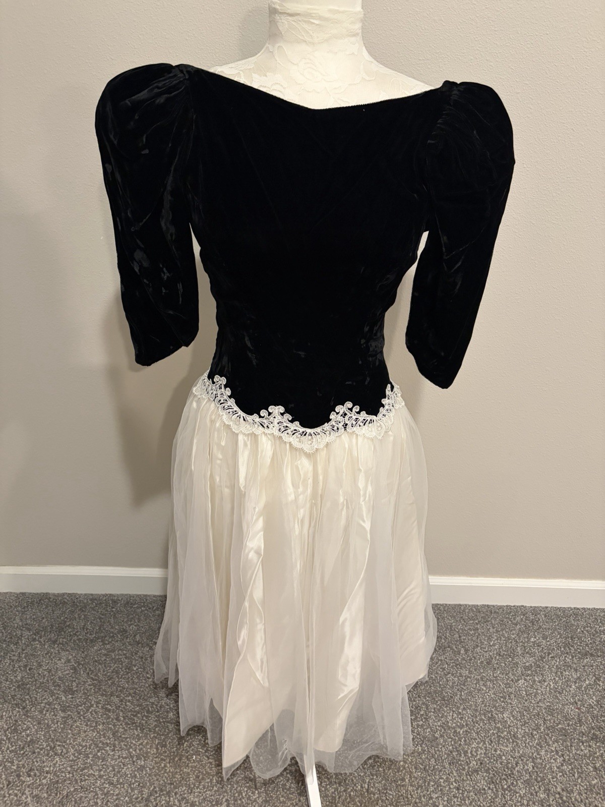 Vtg 70’s ALFRED ANGELO Black Velvet White Tulle Party Dress~ 7/8~Union Label USA