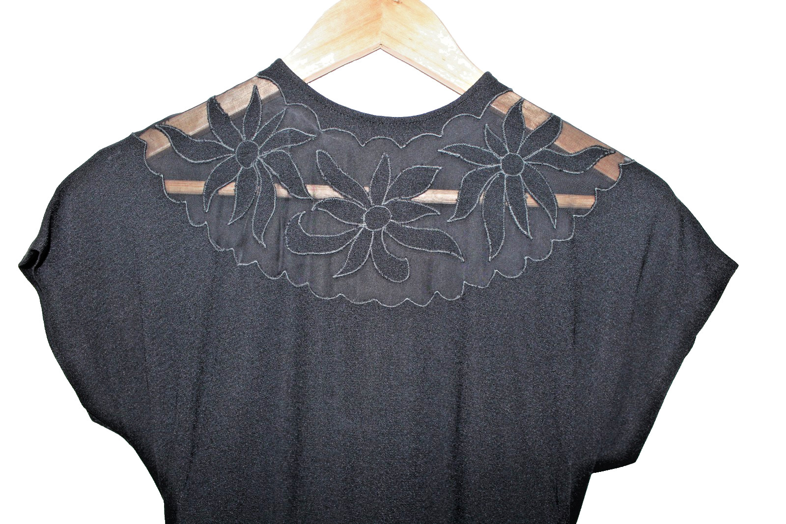 Vtg 1950s 50s Black Crepe Peplum Dress Sheer Floral Lace Illusion Cocktail Small