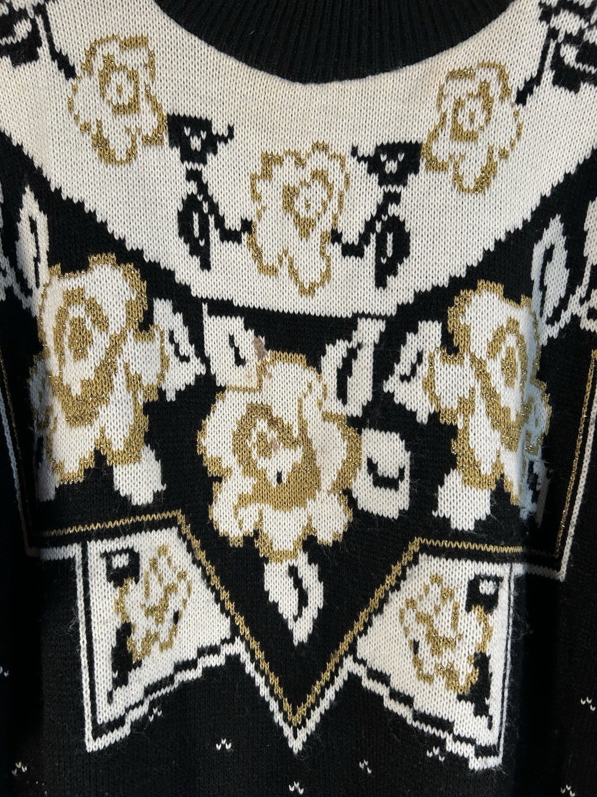 VTG Plus Size Sweater 90s GrandmaCore Black/White/Metallic GoldPullover 52”Chest