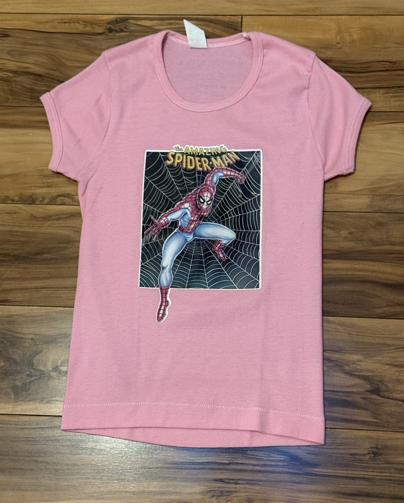 Vtg 70s Baby Doll TShirt Pink The Amazing Spiderman XS Single Stitch Polycotton